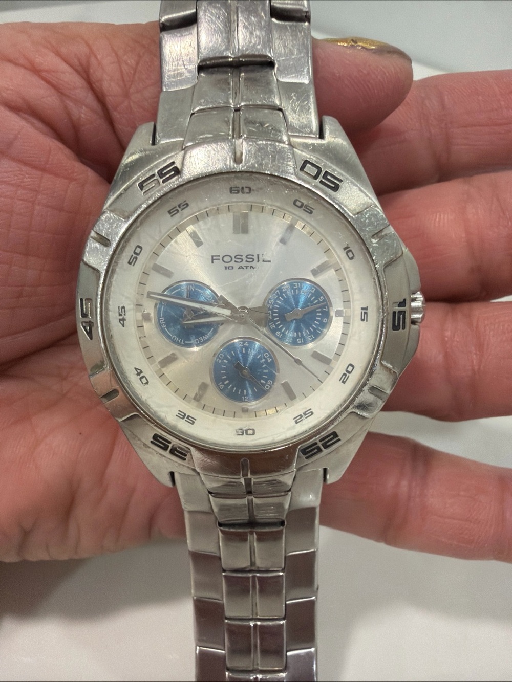 Fossil Men's Silver Stainless Steel Chronograph Watch with Blue Subdials